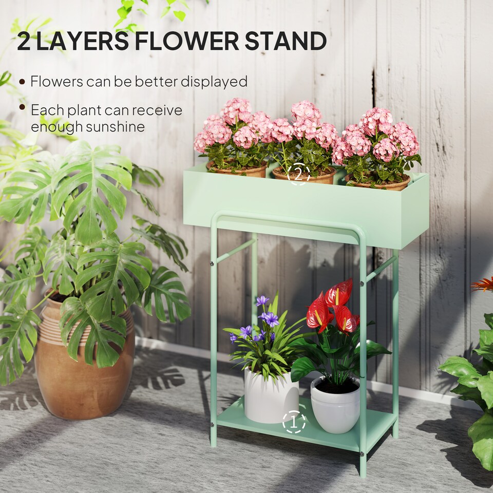 image 1 of Outsunny 2 Tier Plant Stand, Metal Plant Rack with Drain Holes, Green | Green | Green