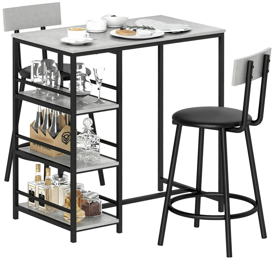 image 1 of HOMCOM 3 Piece Breakfast Bar Table Set with Storage Shelves, Light Grey Grey