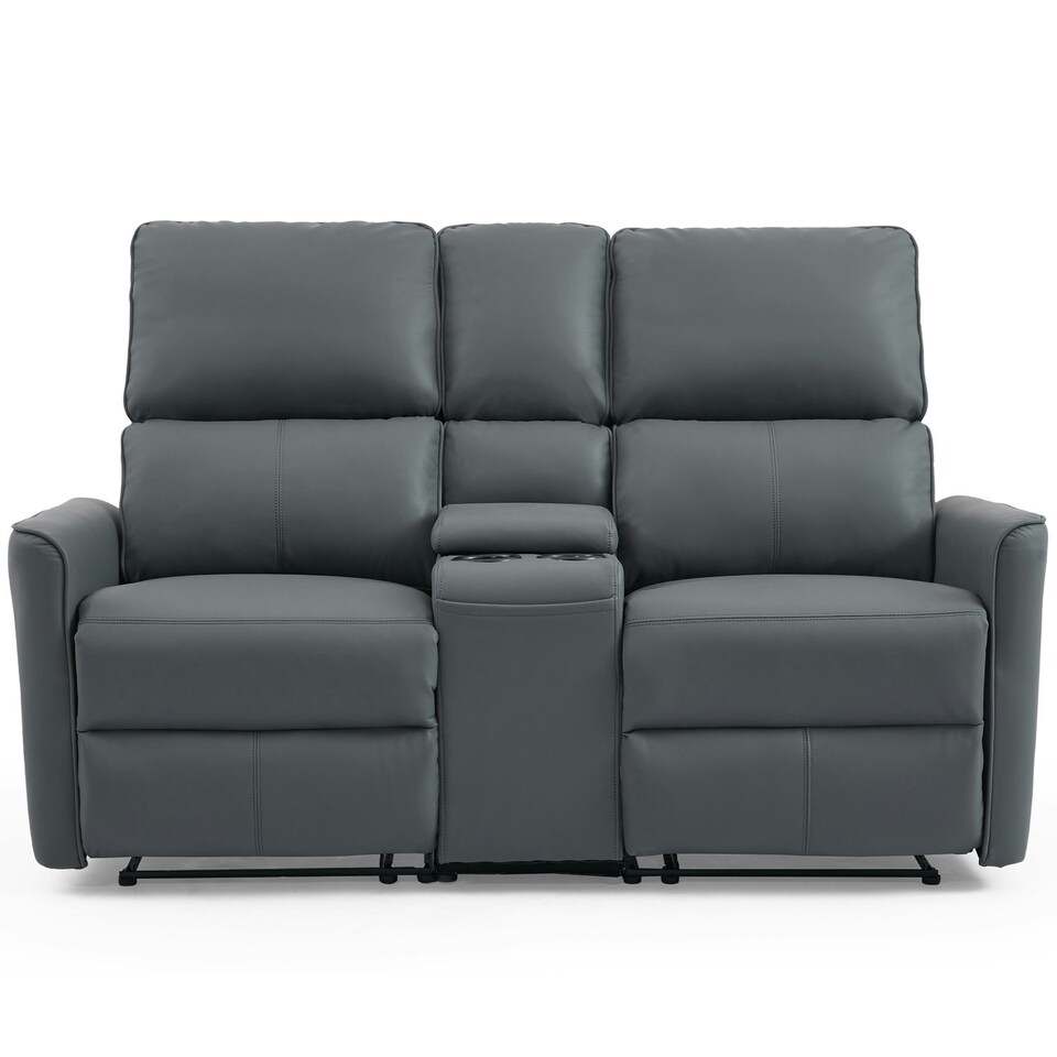 image 1 of Madrid 2 Seater Manual Recliner Air Leather Sofa w Drinks Console Grey