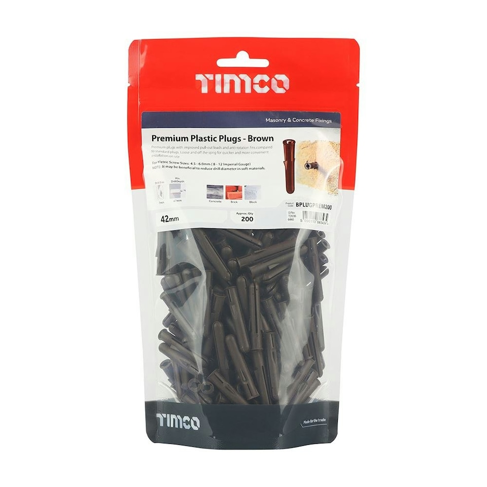 image 1 of Timco - Premium Plastic Plugs - Brown (Size 42mm - 200 Pieces)