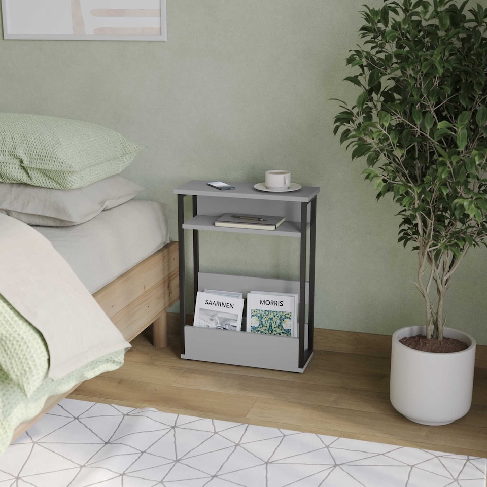 image 1 of 3 Tier Slim Coffee Side Table Newspaper Magazine Shelf Rack Bedside Sofa End | Grey | Grey | H-62.5cm | 1
