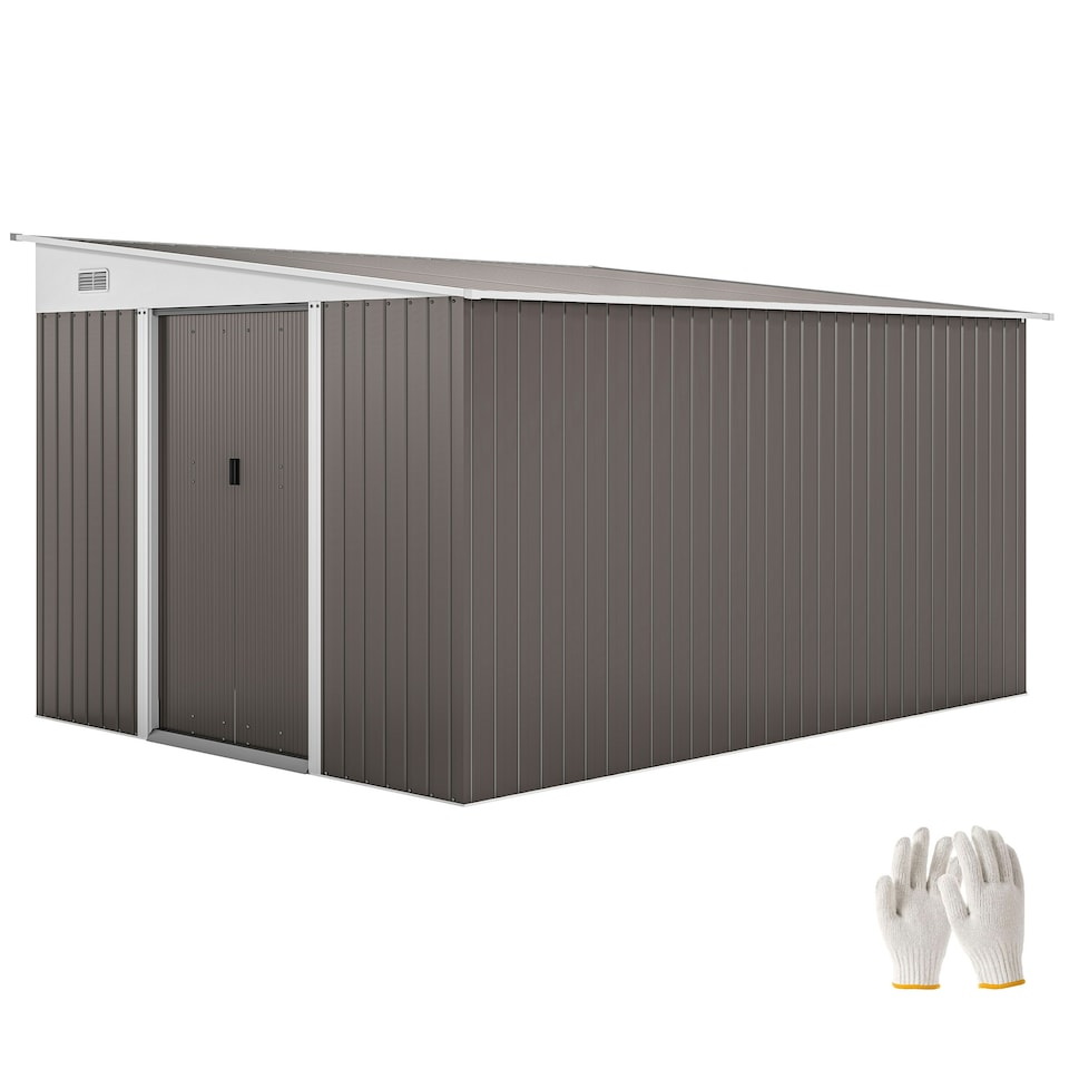 image 1 of Outsunny 11.3x9.2ft Steel Garden Storage Shed w/ Sliding Doors & 2 Vents, Grey