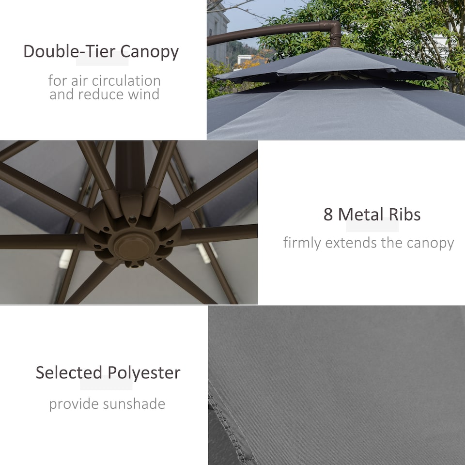 image 1 of Outsunny 2.7m Garden Banana Parasol Cantilever Umbrella with Crank Handle, Double Tier Canopy and Cross Base for Outdoor, Hanging Sun Shade, Dark Grey