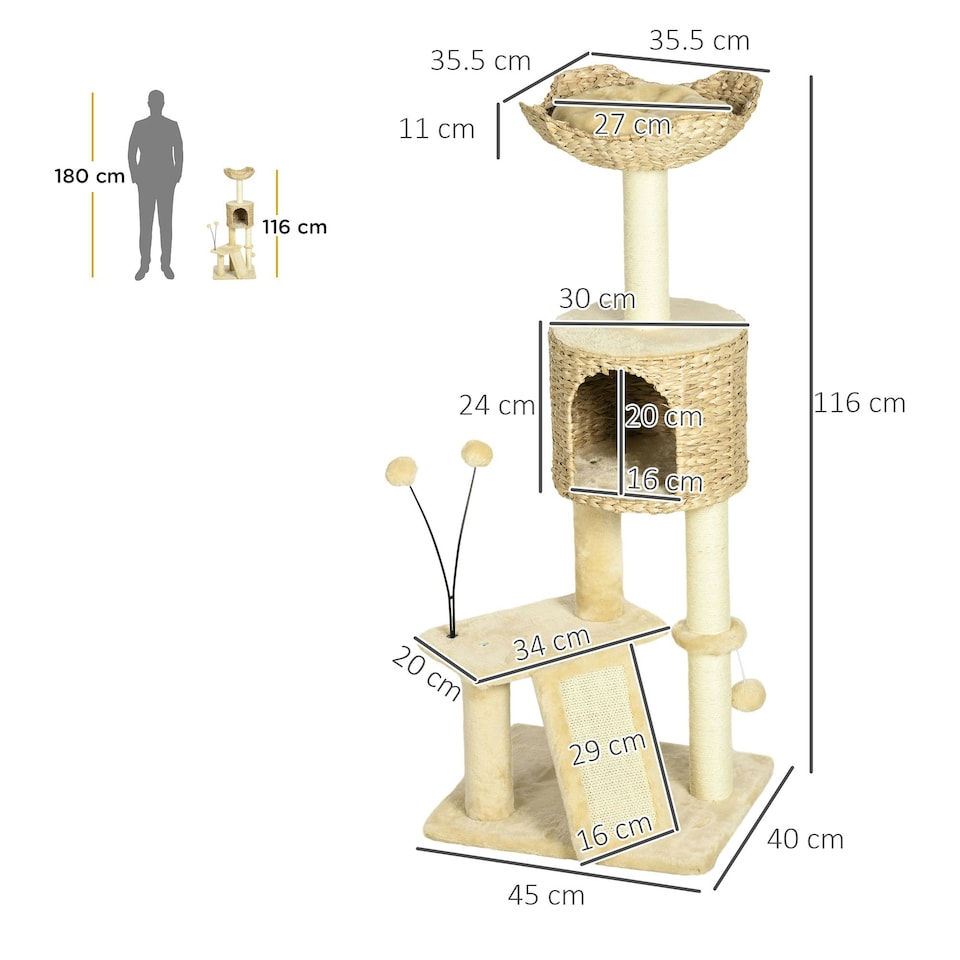 image 1 of PawHut 116cm Cat Tree Tower with Scratching Posts, House, Bed, Ramp, Beige