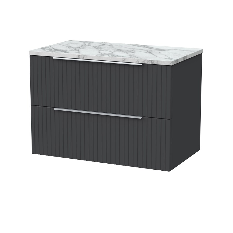 image 1 of Balterley Callingwood Contemporary Wall Hung 2 Drawer Vanity Unit with Carrera Marble Laminate Worktop , 800mm, Dark Grey