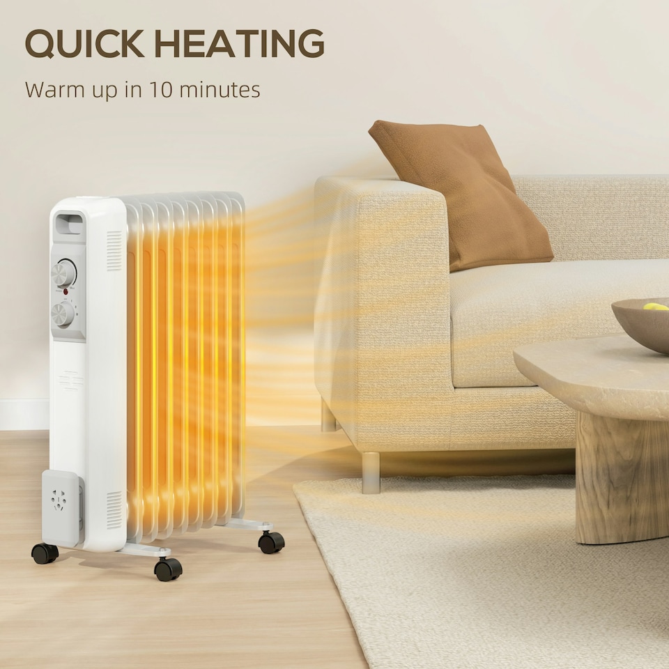 image 1 of HOMCOM 2000W 9 Fin Oil Filled Heater Radiator for Home, White