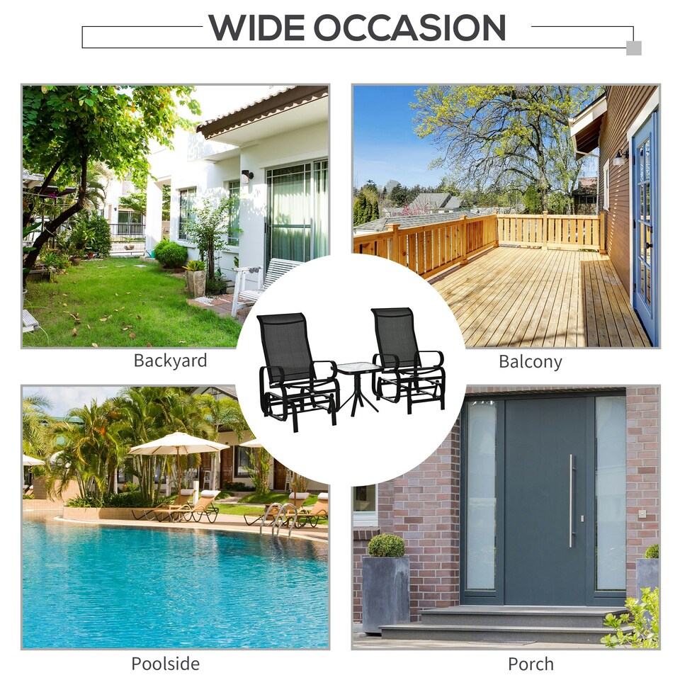 image 1 of Outsunny 3 Pcs Rocking Chair Gliding Chair Set w/ Table for Patio Garden Black