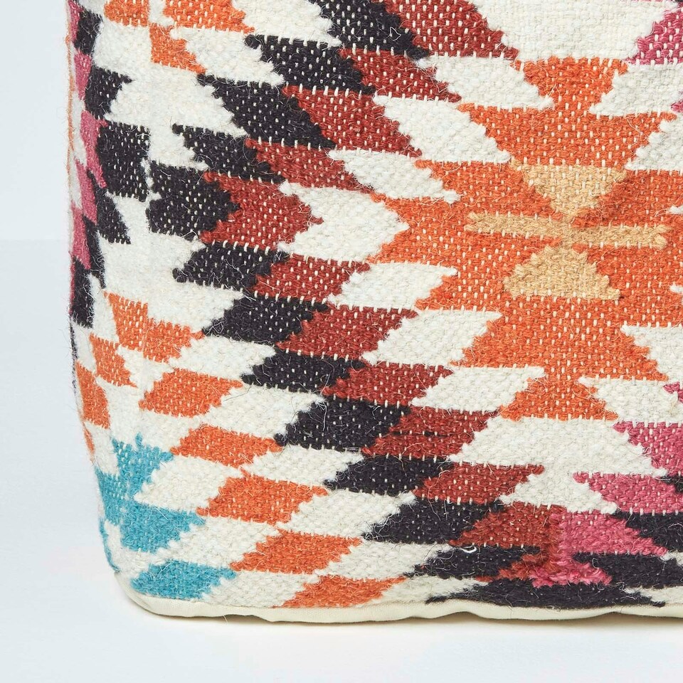 image 1 of Homescapes Manila Orange and Pink Kilim Footstool Handwoven Beanbag Pouffe - 43 x 43 cm