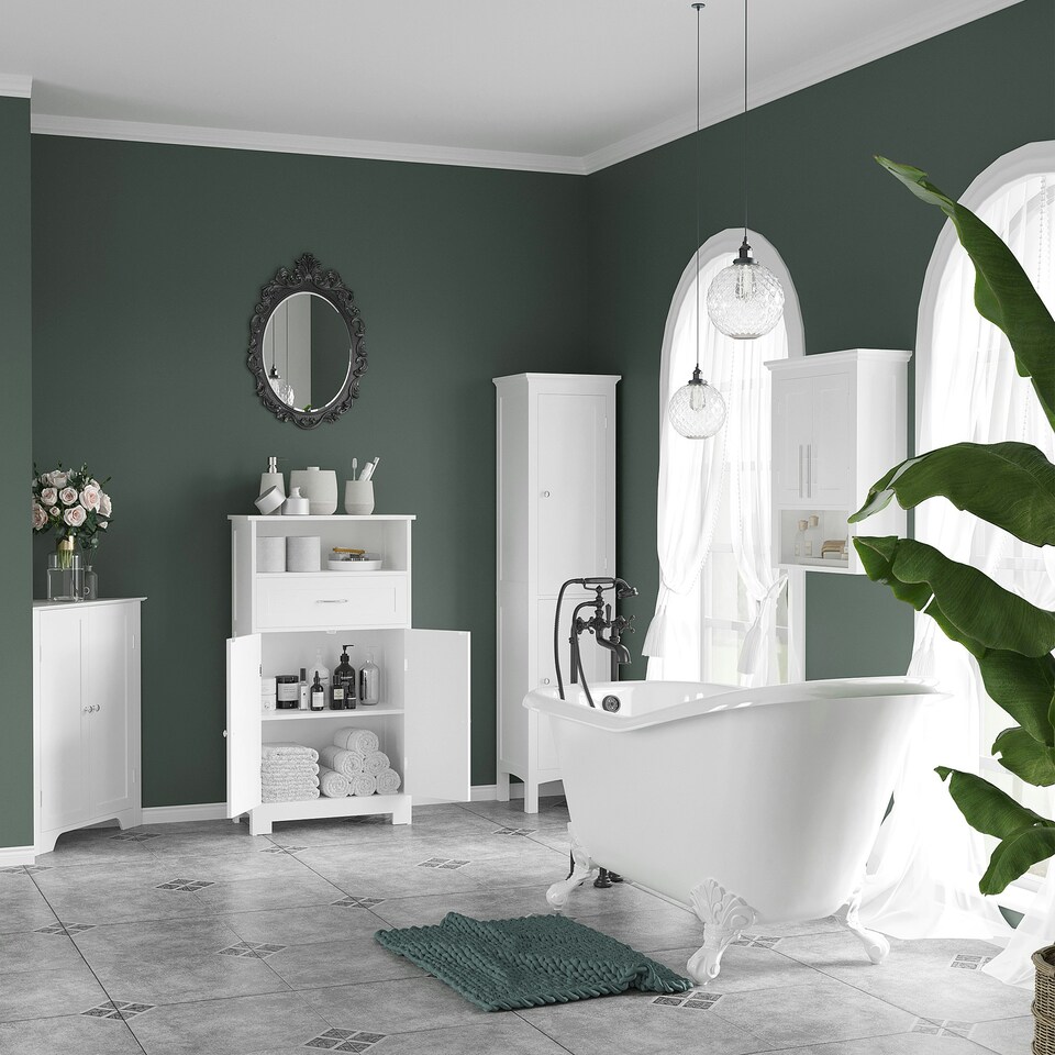 image 1 of kleankin Tall Bathroom Cabinet with Adjustable Shelves, Double Door, White White