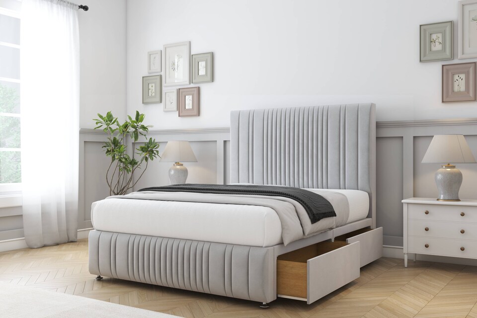 image 1 of Sloomy Kingsley Silver Plush Divan Bed With Mattress 2 Drawers Right Side With 54" Floor Standing Headboard & 12" Matching Footboard 2'6 Small Single | Silver | Silver | Small Single | 1