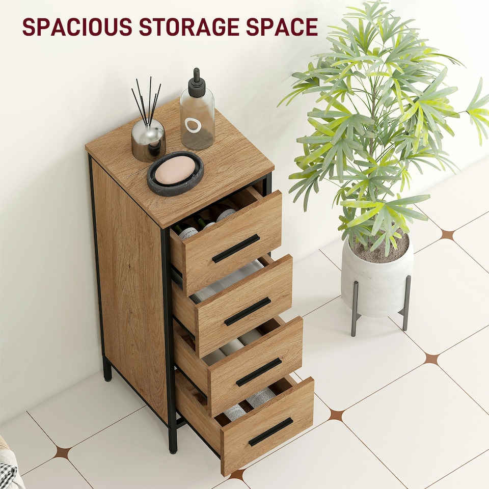 image 1 of HOMCOM Narrow Bathroom Storage Cabinet with 4 Drawers for Small Spaces, Oak Brown | Black