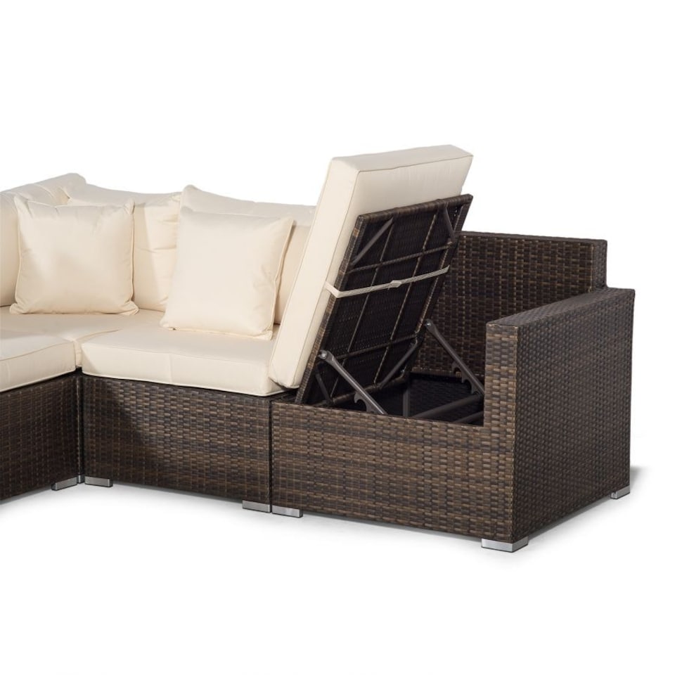 image 1 of Santorini U Shape Modular 10 Seat Rattan Sofa Set With Armrest Drinks Cooler, 2 Coffee Tables & 4 Stools Brown | Ivory