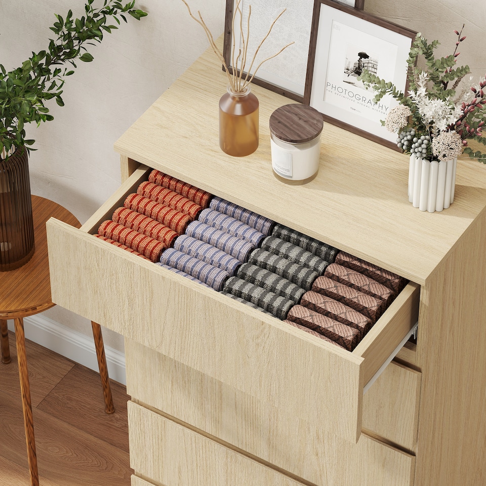 image 1 of HOMCOM Bedroom Chest of Drawers, 5 Drawers Dresser, Drawer Unit | Brown | Natural Wood | 55W x 34D x 100H cm