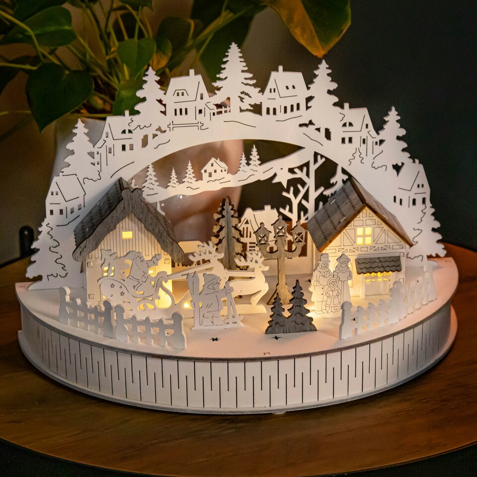 image 1 of 30cm Battery Operated Light up Christmas Village Scene with Santa and Warm White LEDs