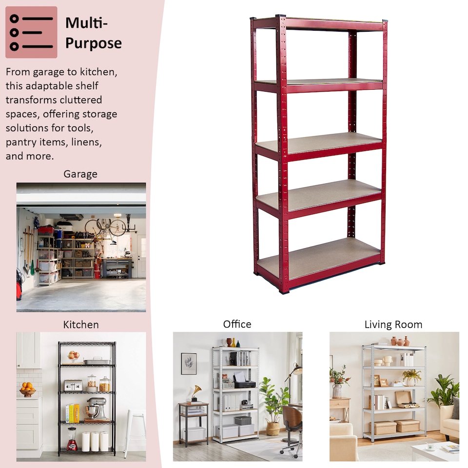 image 1 of Home Vida 5 Tier Large Heavy Duty Garage Shelves Adjustable Steel Shelving Storage Units - Red - Holds Upto 875kg Per Bay - 4 Bays