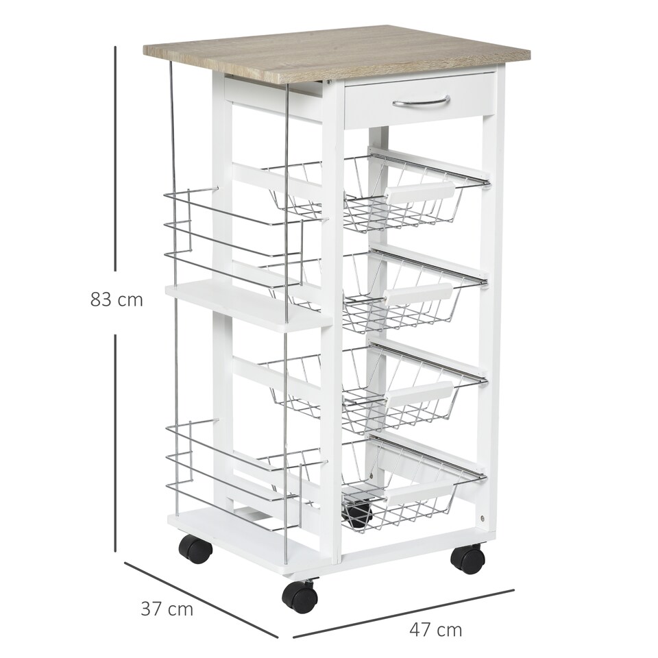 image 1 of HOMCOM Rolling Kitchen Cart, Utility Storage Cart with 4 Basket Drawers & Side Racks, Wheels for Dining Room, Natural and White