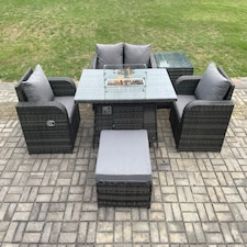 Fimous Rattan Outdoor Garden Furniture Set Gas Fire Pit Dining Table with Side Table Chair Love seat Sofa Footstool