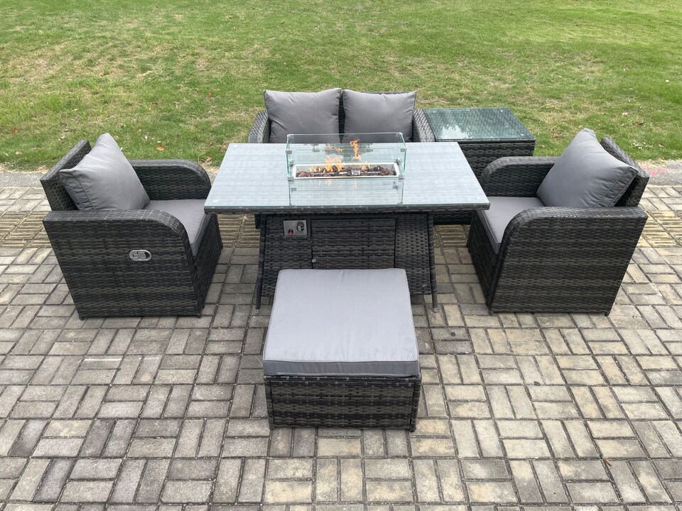 image 1 of Fimous Rattan Outdoor Garden Furniture Set Gas Fire Pit Dining Table with Side Table Chair Love seat Sofa Footstool