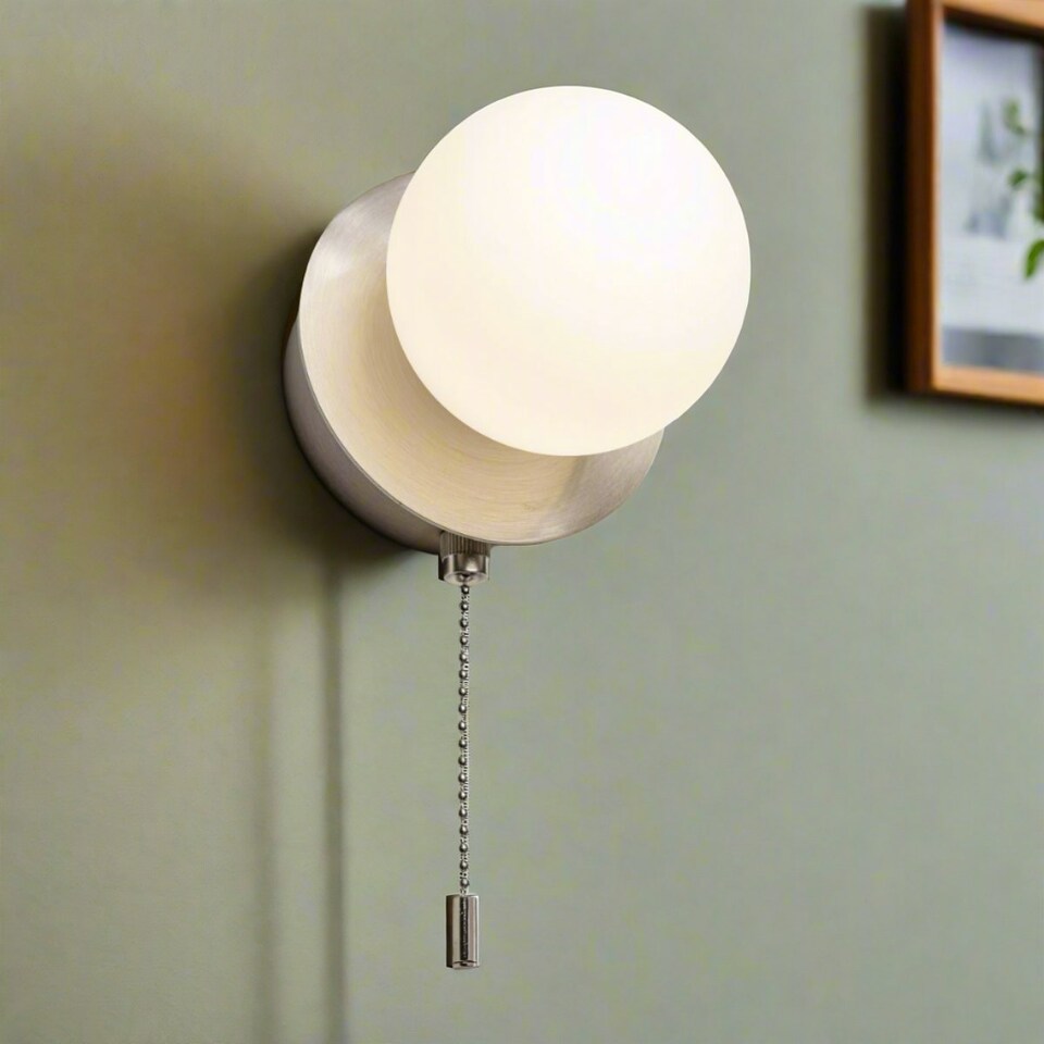 image 1 of CGC MACIE Satin Nickel & White Opal Globe LED Rechargeable Magnetic USB Reading Bedside Wall Light Pull Cord Switch Silver