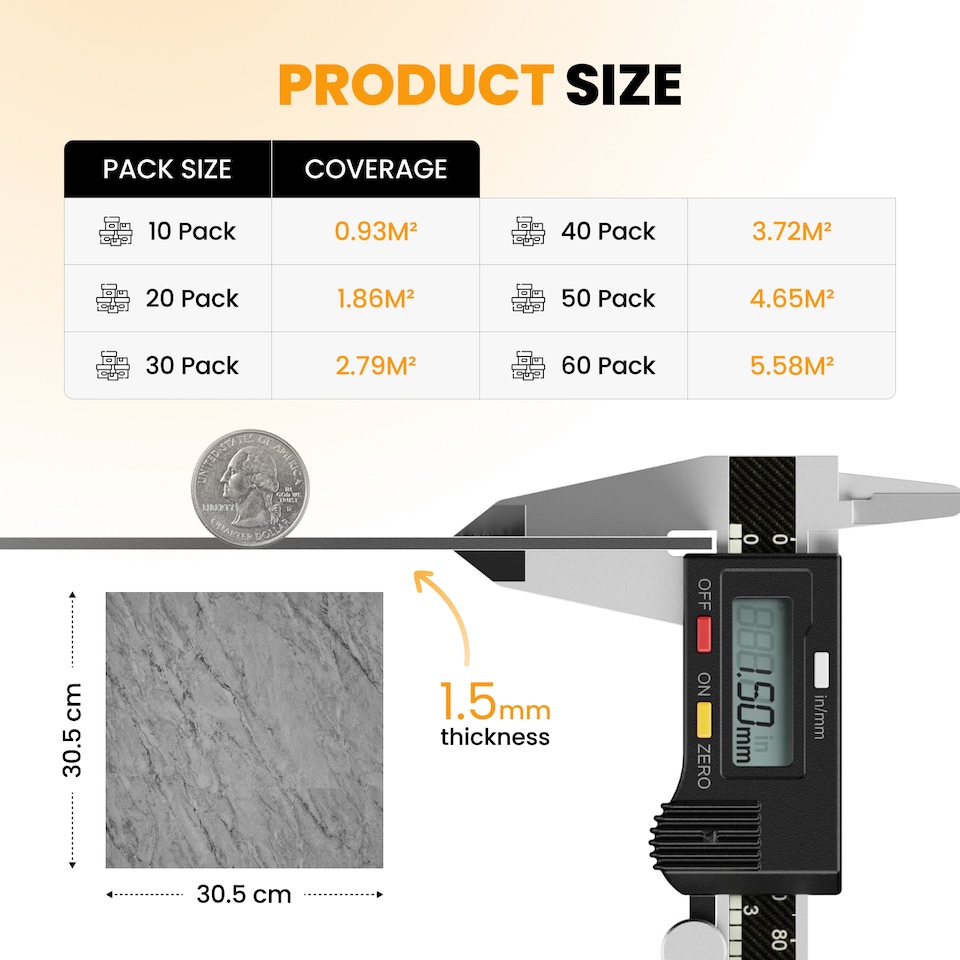 image 1 of Vinyl Floor Tiles Self Adhesive – 30 Pack Covers 30 sqf (2.79sqm) – 12x12in (30.5x30.5cm) Waterproof Peel & Stick Vinyl Flooring for Kitchen, Bathroom & Home | Grey