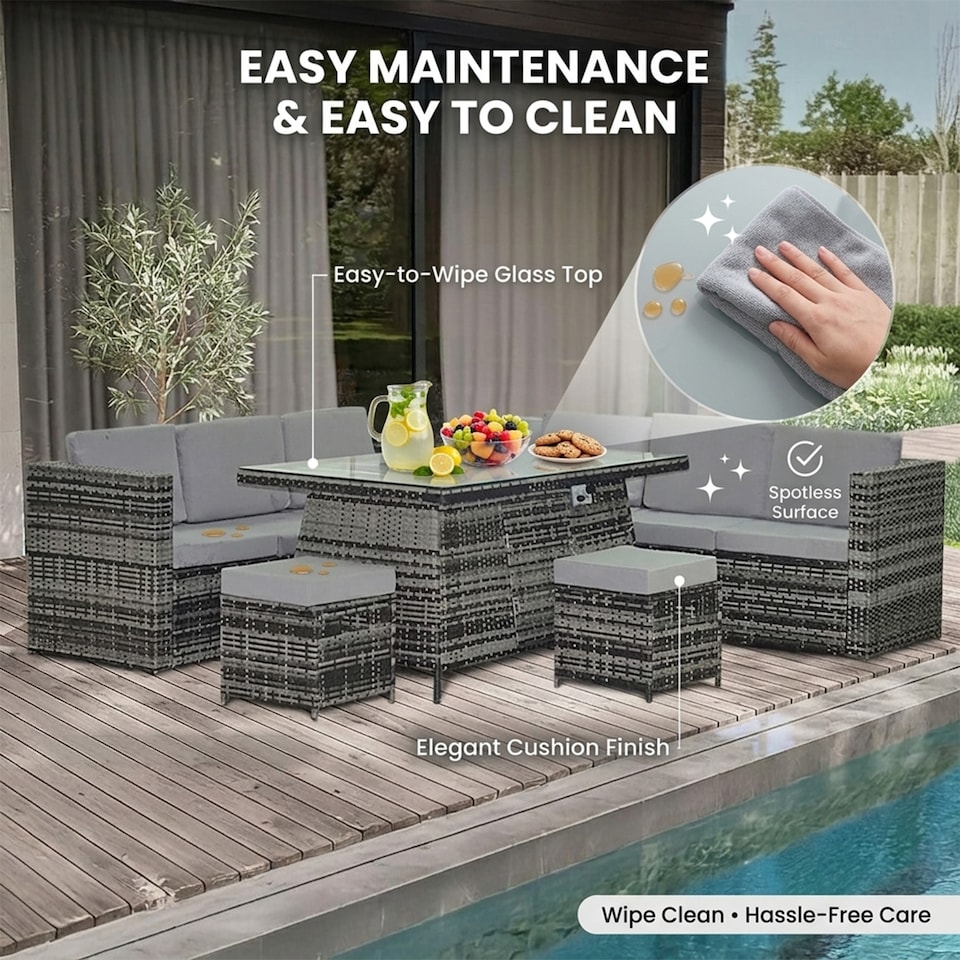 image 1 of Alivio 8-Seater Rattan Garden Furniture Set, Luxury PE Rattan Sofa with Gas Fire Pit Table & Cushions | Grey