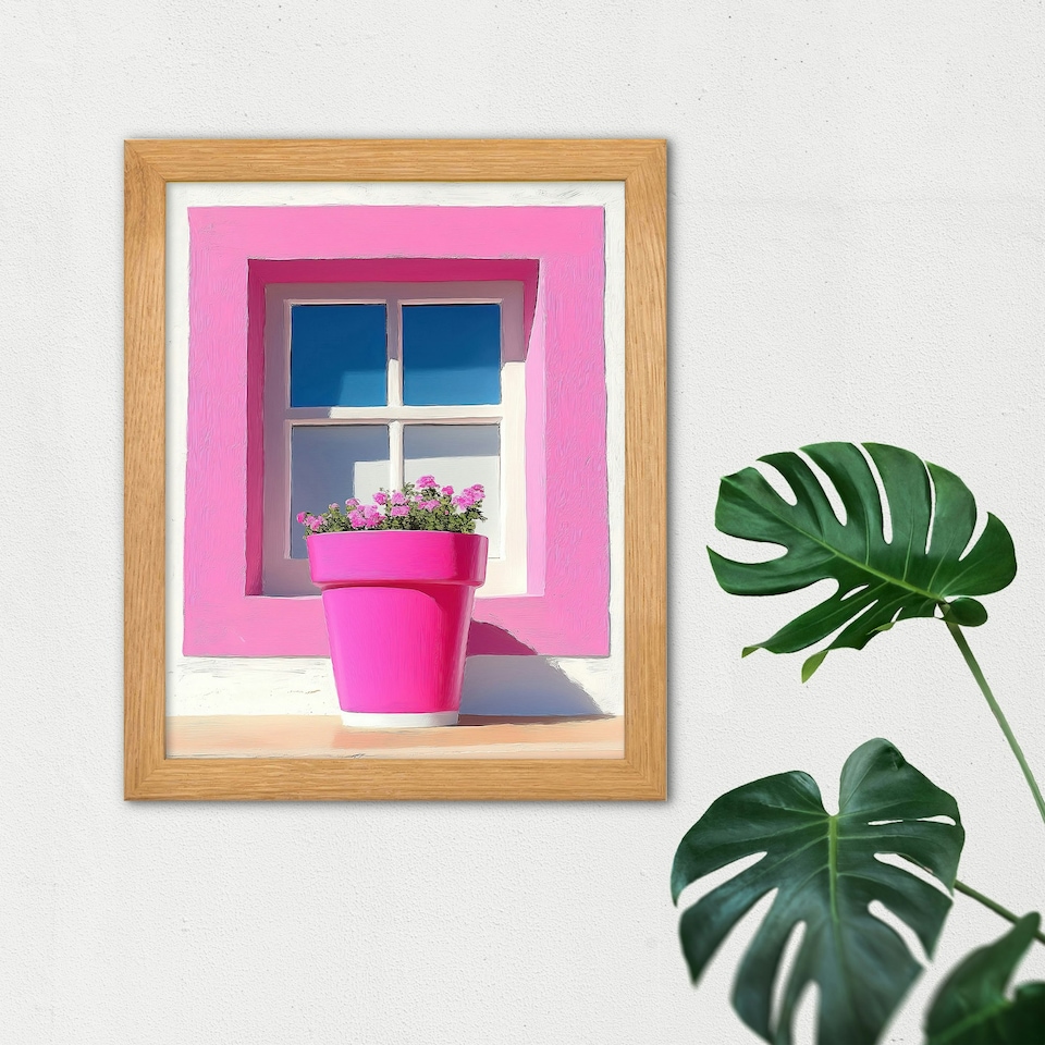 image 1 of Pink Geranium Flower Pot Sunny Window Wood Framed Wall Art Print