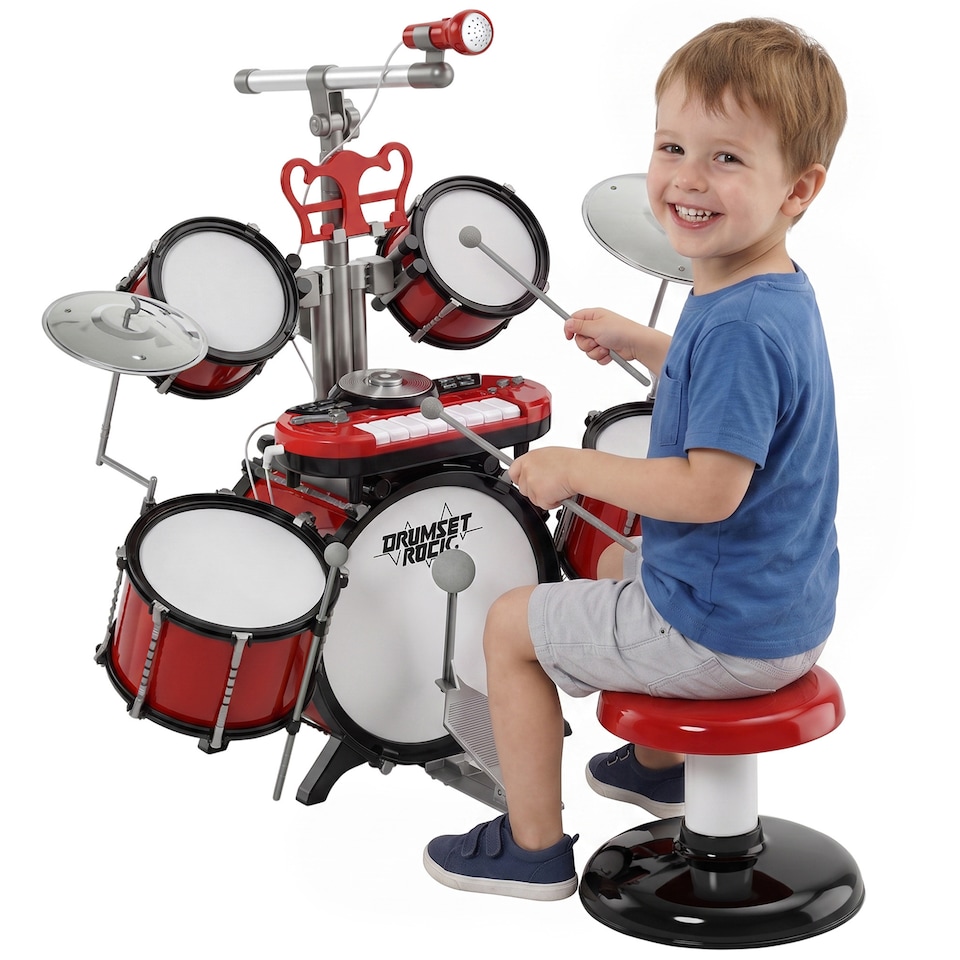 image 1 of HOMCOM Kids Drum Set for Beginners with Stool, Educational Musical Toy, Red