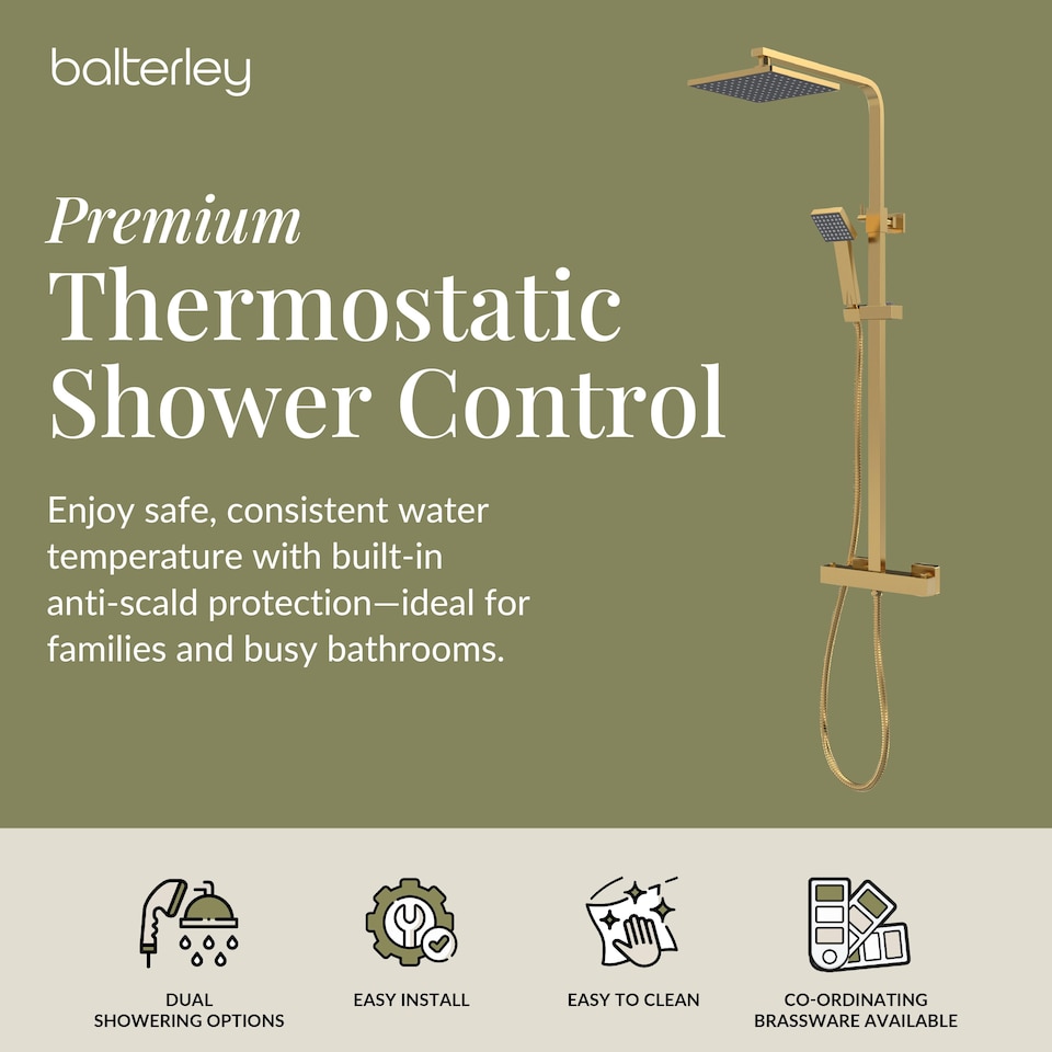 image 1 of Thermostatic Shower Kit Fixed Head Adjustable Handset Brushed Brass | Copper | Brushed Brass | 1