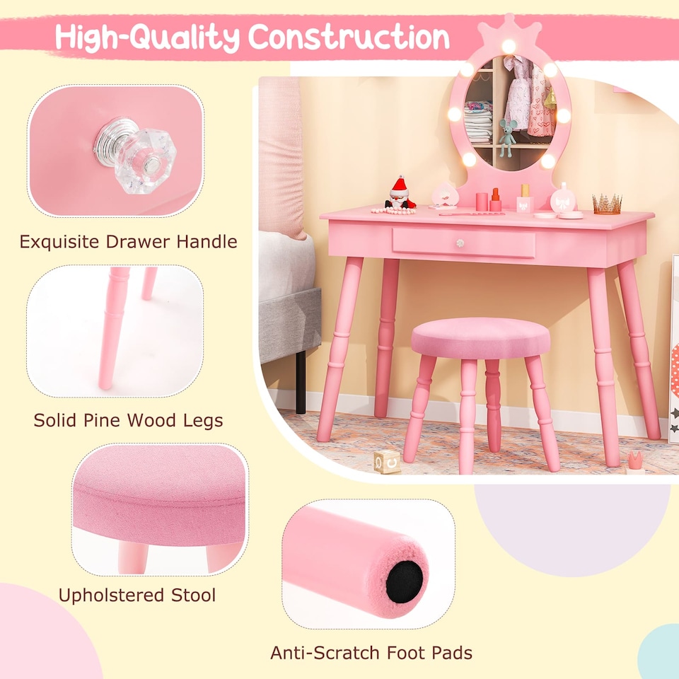 image 1 of COSTWAY Princess Vanity Table & Chair Set Kids Set Pink