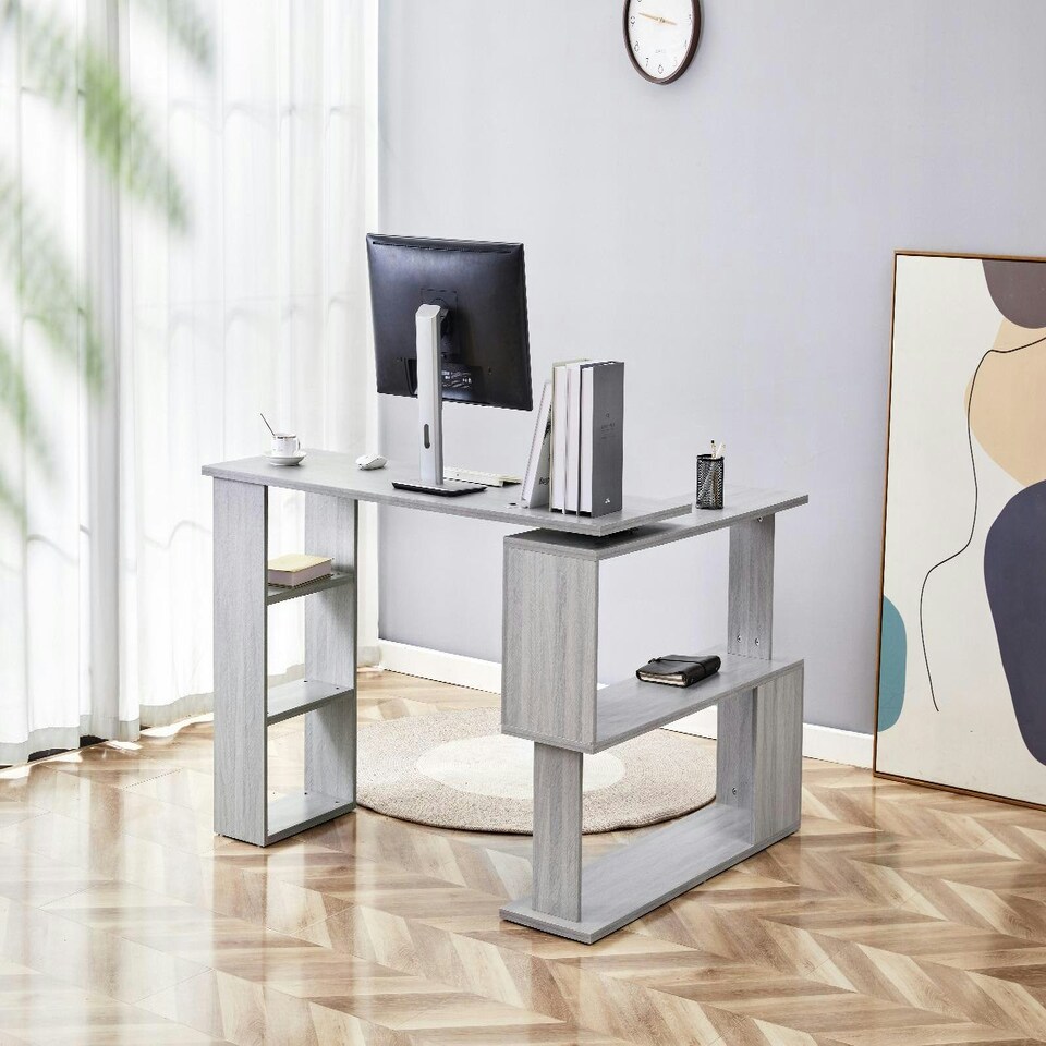 image 1 of Grey Office Desk L-shaped with Mobile Storage Drawer Unit Wooden Room Furniture Grey