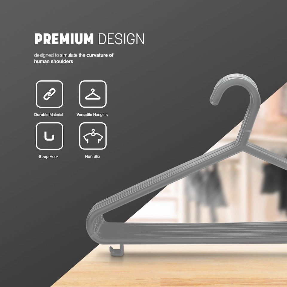 image 1 of Keplin Adult Plastic Coat Hangers Strong Slim Space Saving with Trouser Bar and Hooks