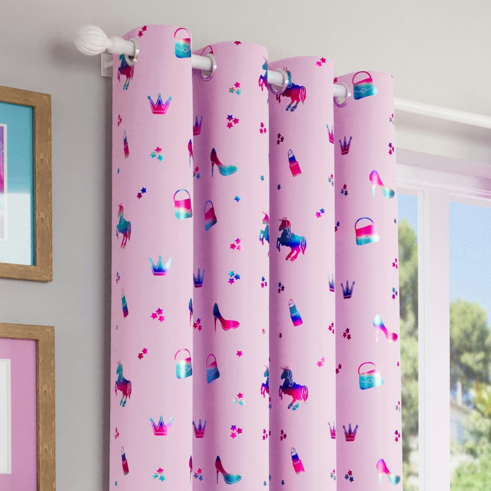 image 1 of Pair of Charm Pink Metallic Print Kids Curtains 46 x 54 inch (117 x 137 cm) Room Darkening Eyelet Thermal Noise Reducing Curtains for Bedroom
