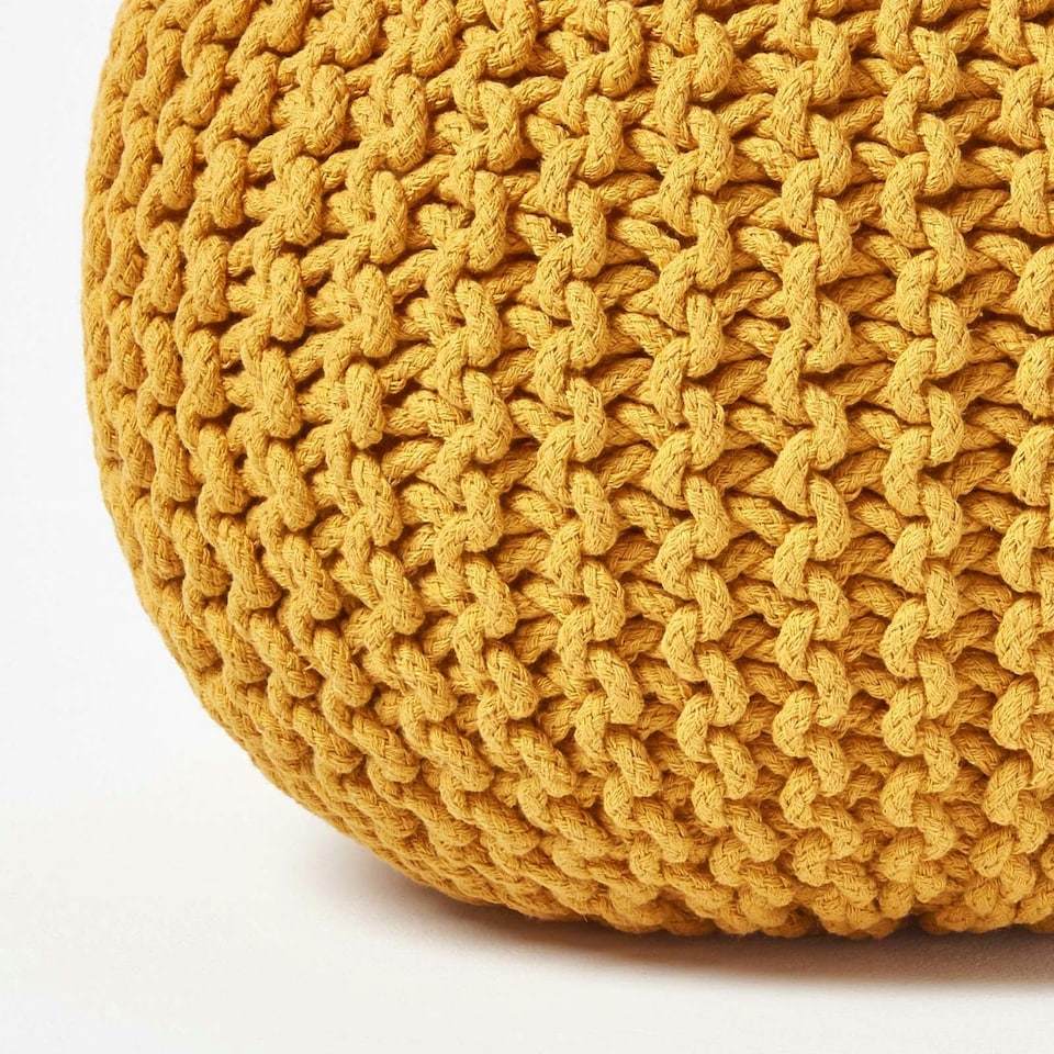 image 1 of Homescapes Mustard Round Cotton Knitted Pouffe Footstool - 35 x 40 cm | Yellow | H 35cm x W 40cm