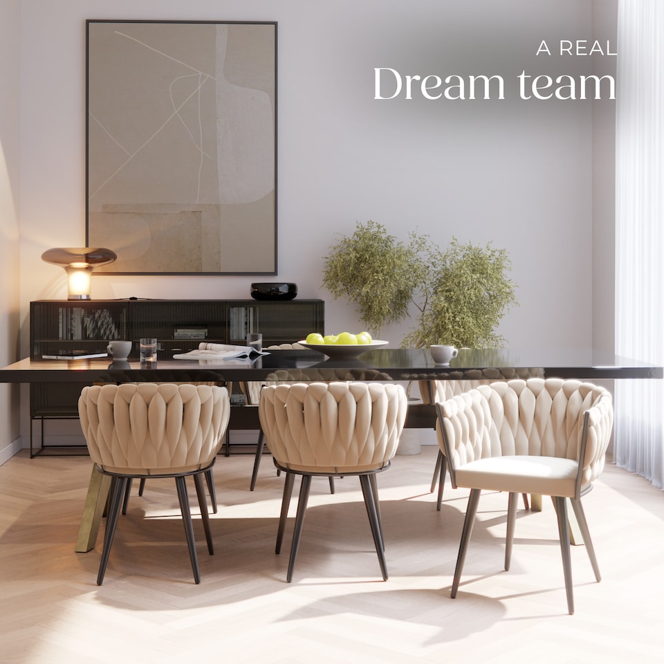 image 1 of Dining Chair Astano - padded, velvet, knot design, continuous backrest | Cream | sand | 6