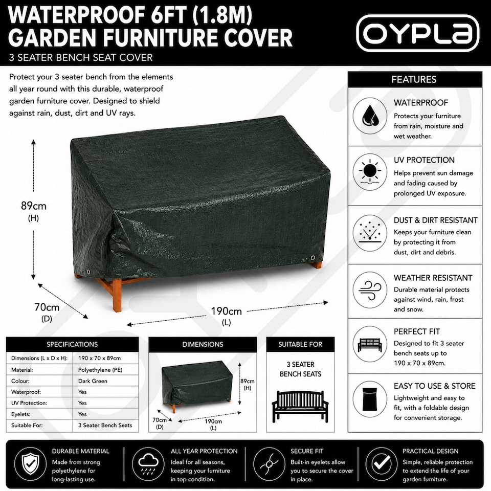 image 1 of Waterproof 6ft 1.8m Garden Furniture 3 Seater Bench Seat Cover
