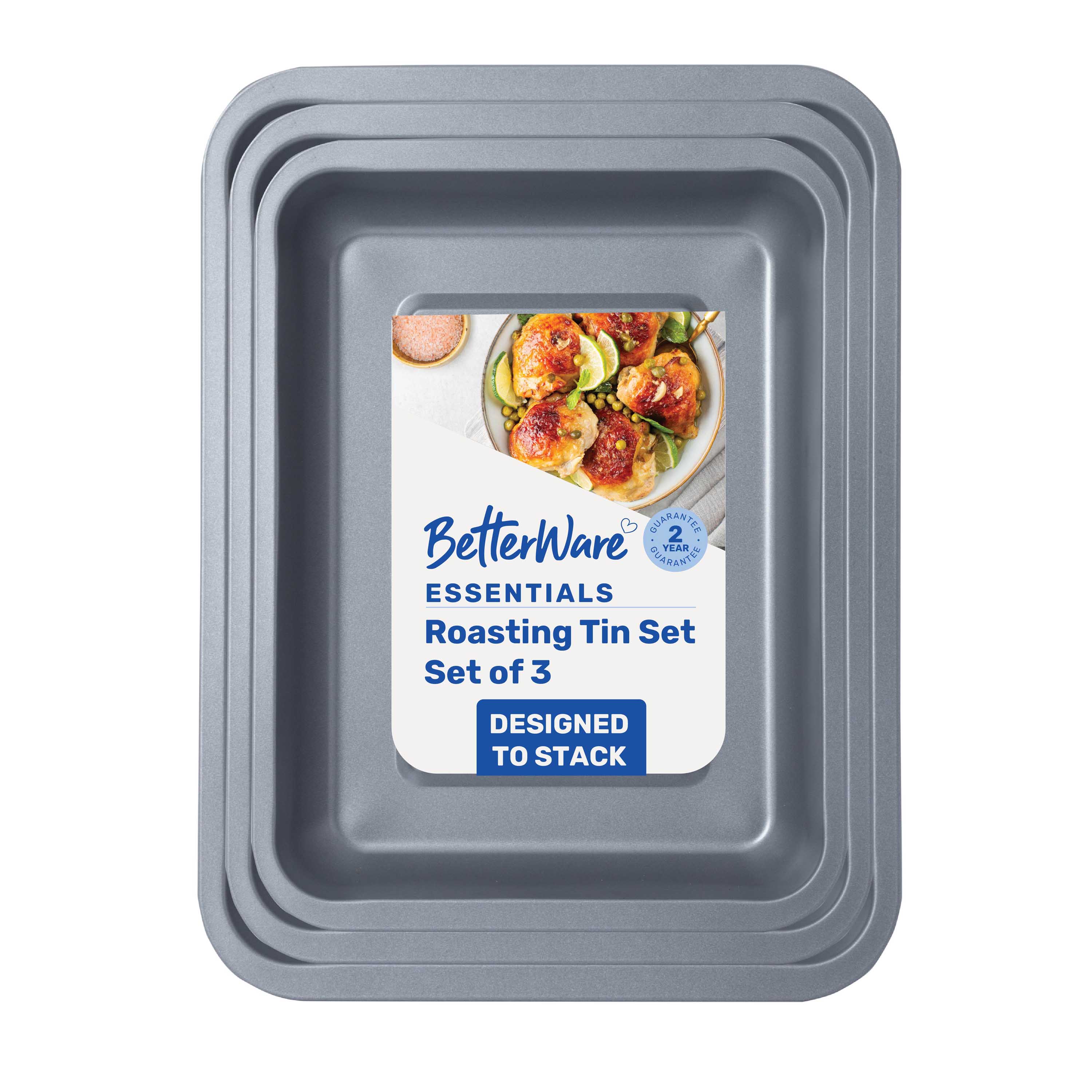 Betterware Essentials Non-Stick 3 Piece Roasting Tin Set in Silver