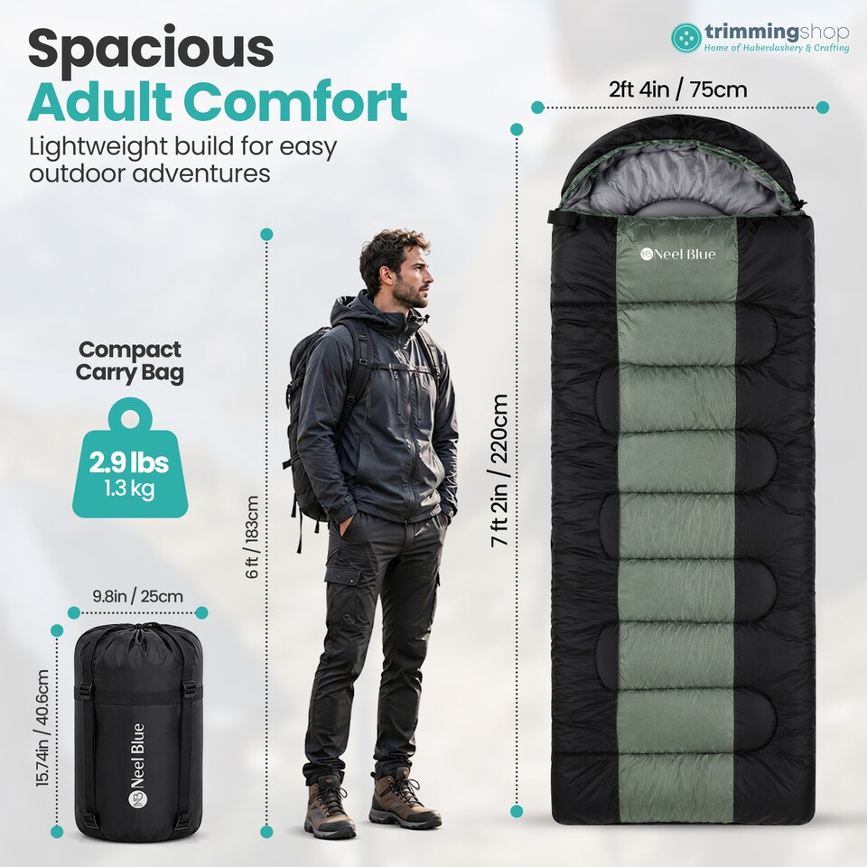 image 1 of 420GSM Hooded Sleeping Bag, Straight Design Waterproof Gear - Green & Black