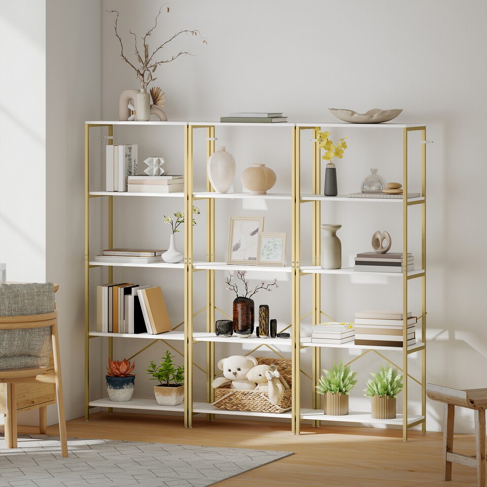 image 1 of HOMCOM 5-Tier Bookshelf, Modern Bookcase, Floor Standing Book Shelf with Metal Frame, Open Display Shelving Unit for Living Room, Home Office and Bedroom, White and Gold Tone | White | White and Gold Tone