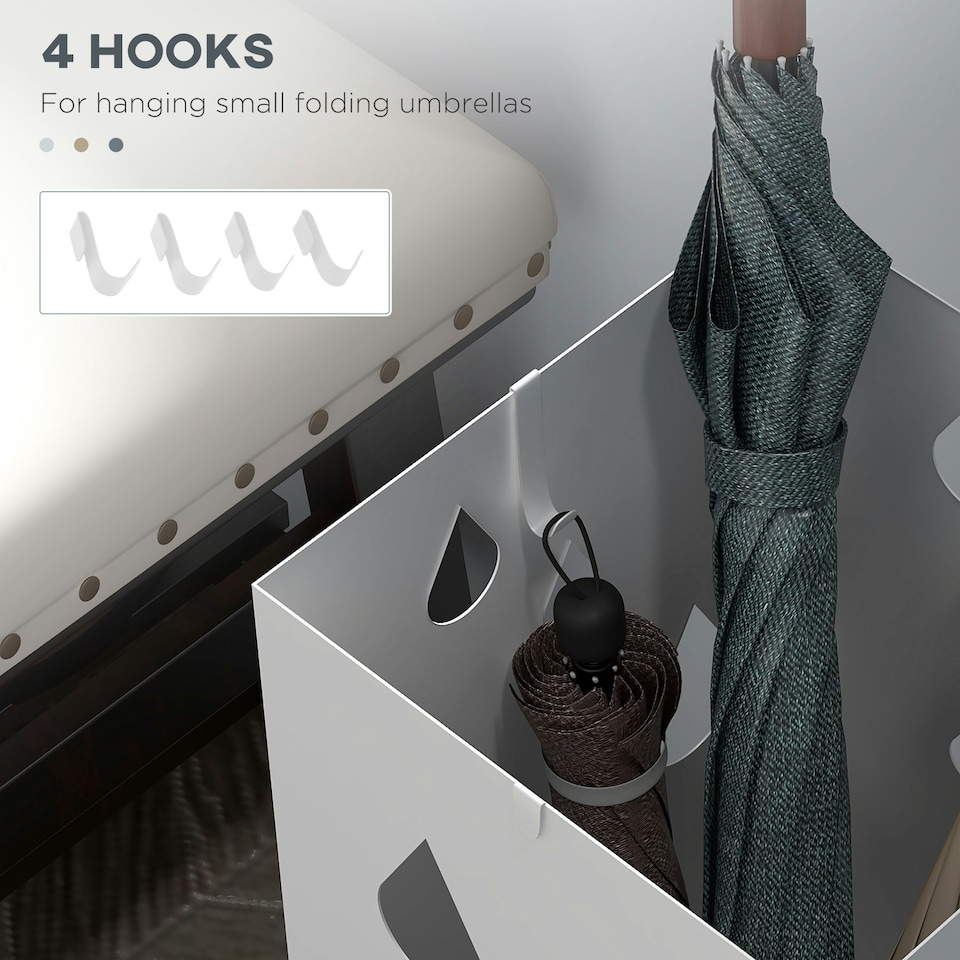 image 1 of HOMCOM Metal Umbrella Stand, Square Umbrella Basket with 4 Hooks Drip Tray White