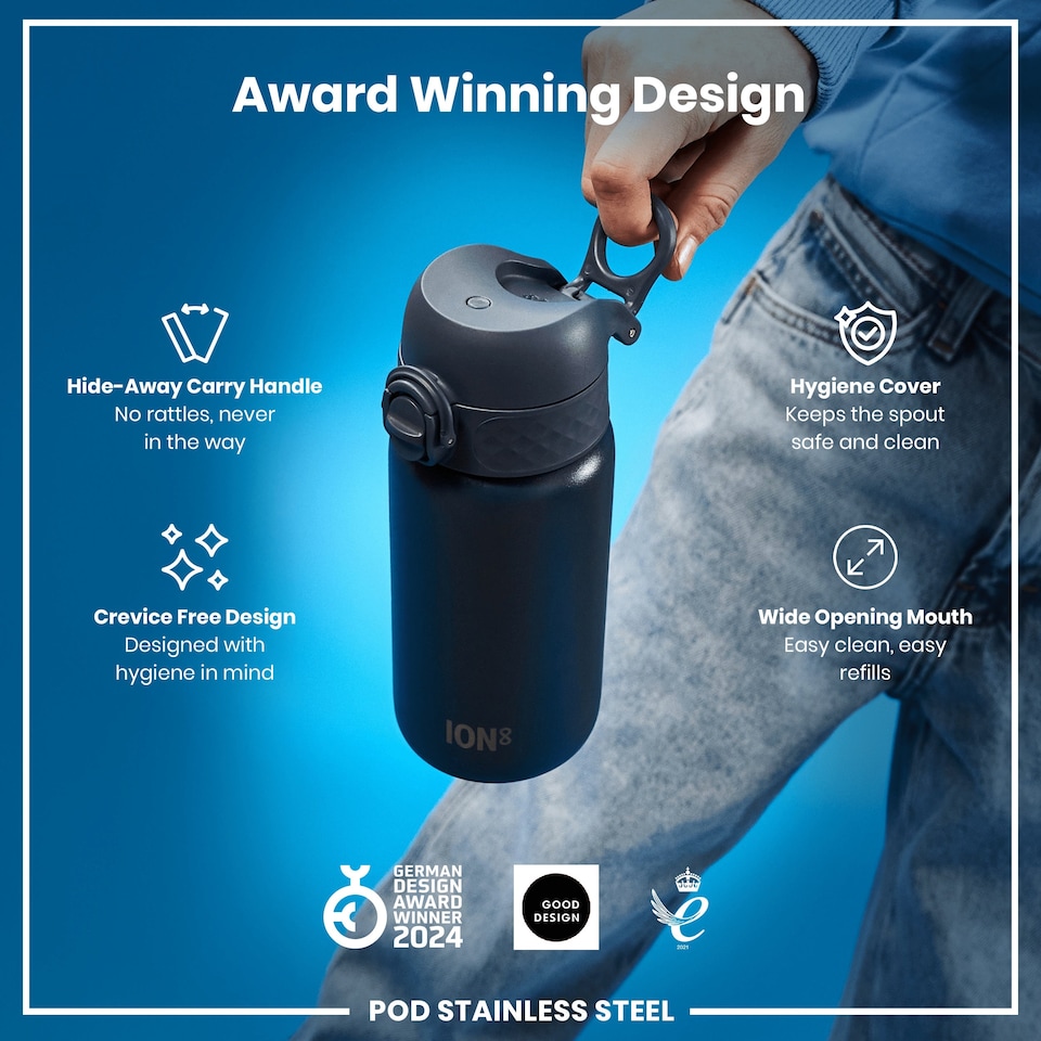image 1 of Leak Proof Kids Water Bottle, Stainless Steel, 400ml (13oz) | Blue | Ash Navy | One Size