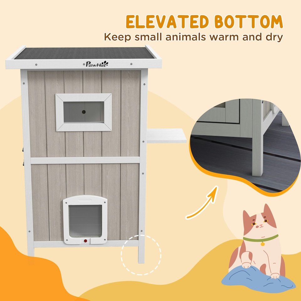 image 1 of PawHut Outdoor Wooden Cat House w/ Removable Bottom, Escape Doors, for 1-2 Cats