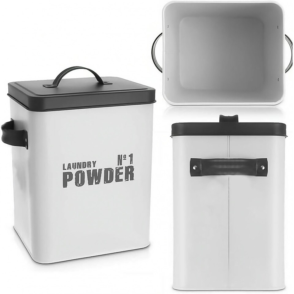 image 1 of Enamel-Coated Metal Laundry Powder Storage Tin Airtight Lid for Detergent & Pods | Grey