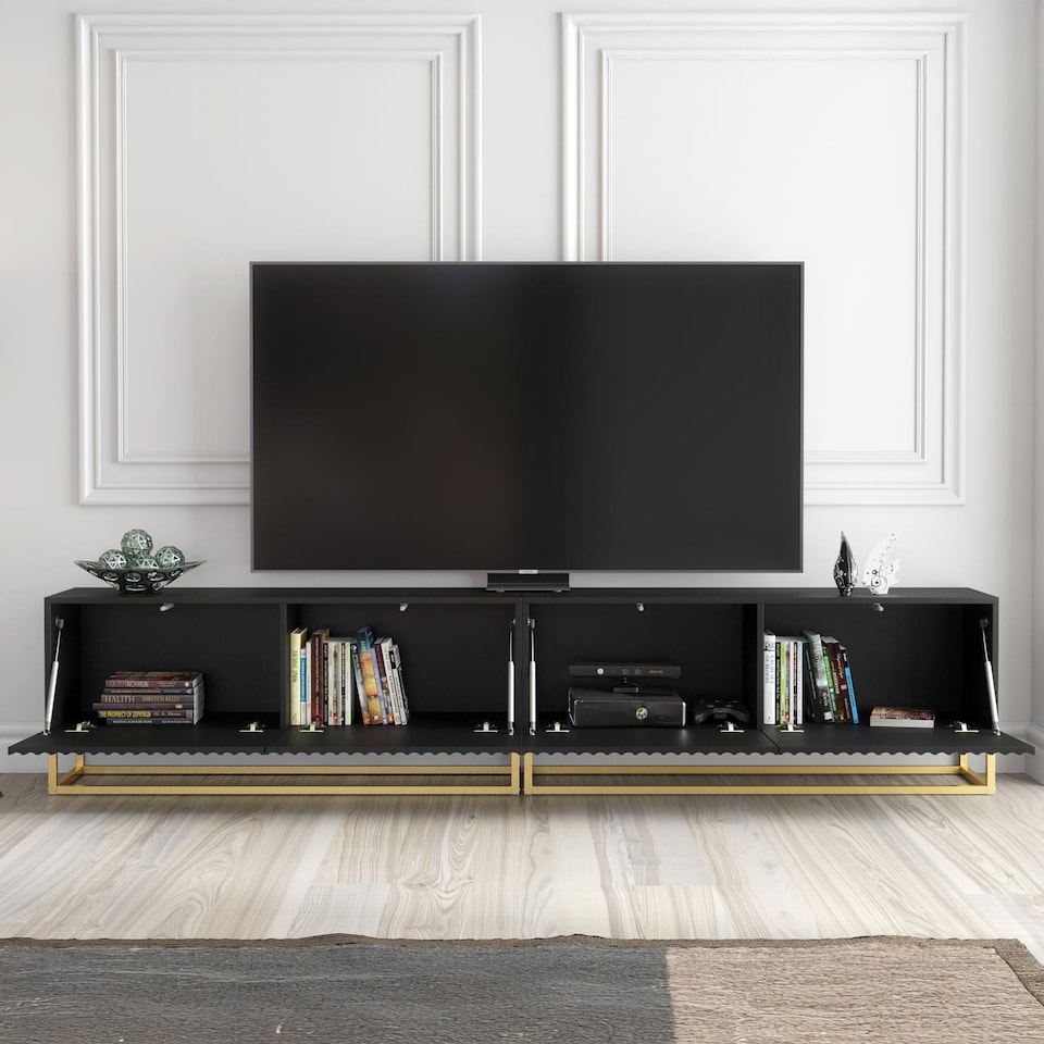 image 1 of TV Stand TV Unit Modular Media Cabinet Storage Cabinet Black Fluted Gold Legs 200cm