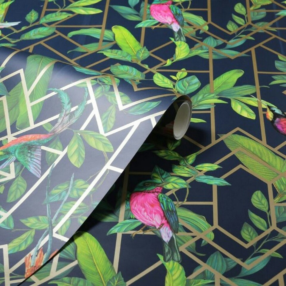 image 1 of Arthouse Deco Tropical Wallpaper - Navy/Gold - One Size Blue