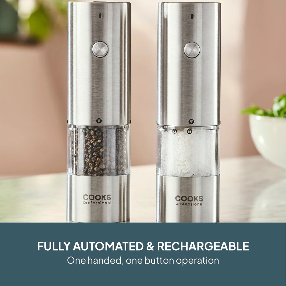 image 1 of Cooks Professional Rechargeable Salt and Pepper Mill Set with Bamboo Base