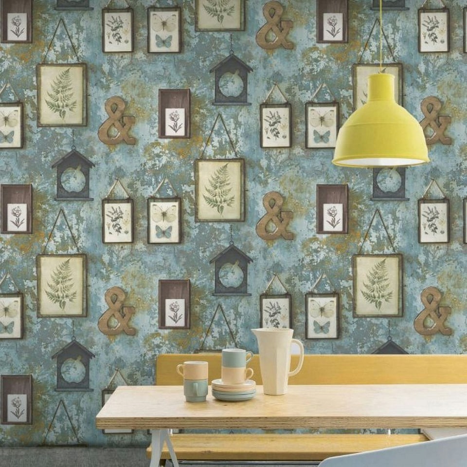 image 1 of GrandDeco Tempera Frames Concrete Effect Textured Wallpaper - Blue - 10m x 53cm Blue