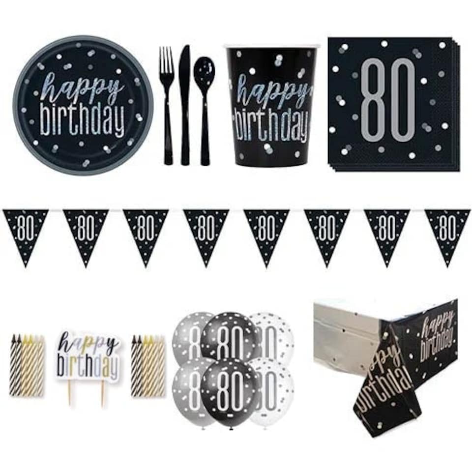 Black Glitz 80th Birthday 8 Person Deluxe Party Pack