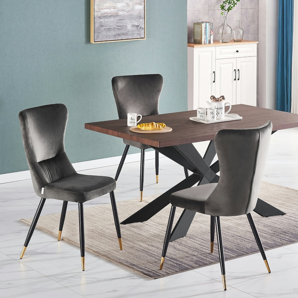 image 1 of Single New York Modern Velvet Dining Chair with High Back, Black Metal Legs | Grey | Gold End Tips
