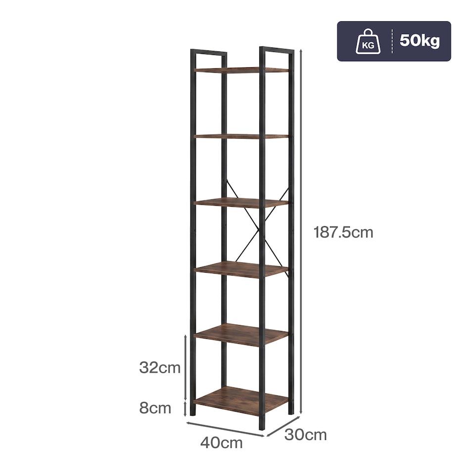 image 1 of Levede Book Shelf 6-Tier Narrow Shelves Space-Saving Steel Bedroom Walnut Brown