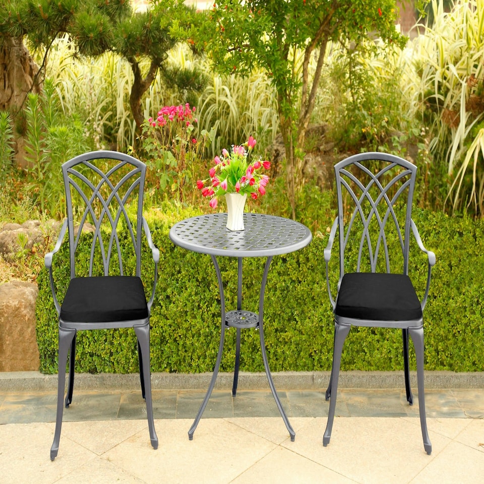 image 1 of Centurion Supports OSHOWA Luxurious Garden and Patio Table and 2 Large Chairs with Armrests Cast Aluminium Bistro Set - Grey with Black Cushions
